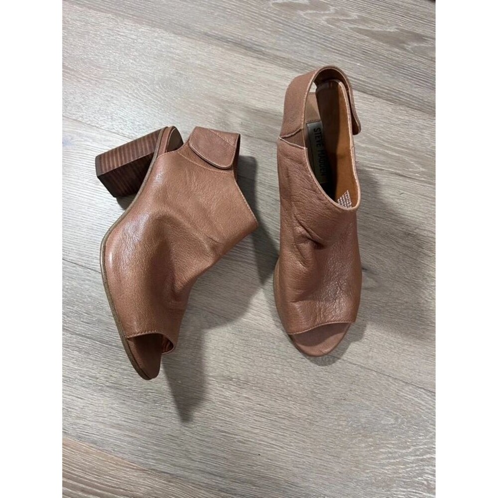 Steve Madden Tan Leather Peep Toe Block Heel Booties Slingback Sz 8.5